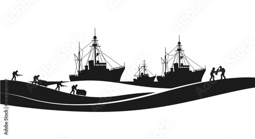 Military Operation Silhouette: Soldiers Landing Ships, Warfare Scene