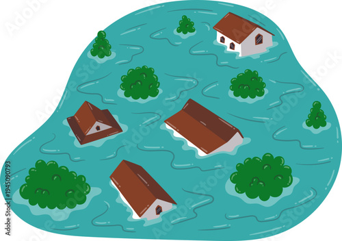 Extreme Flood Disaster Submerging Entire Residential Homes