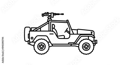 Military Off-Road Vehicle with Machine Gun - Line Art Illustration