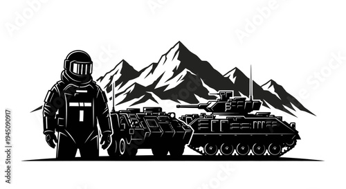 Military Soldier in Hazmat Suit with Armored Vehicles and Mountains Background
