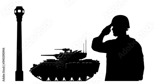Military Soldier Saluting Beside Armored Vehicle and Searchlight Tower Silhouette