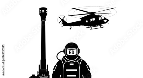 Military Soldier with Futuristic Weapon and Helicopter Silhouette