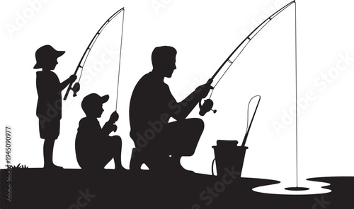 Silhouette of man and two boys fishing by a body of water
