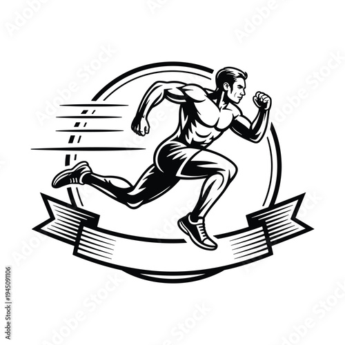 Dynamic illustration of a muscular man sprinting forward with a stylized ribbon emblem showcasing motion lines for energy