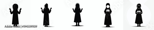 vector silhouette of a little Muslim girl standing in a prayer gesture with raised hands front view