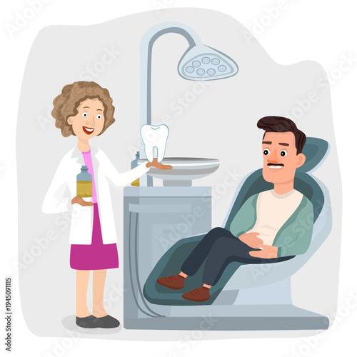 Dentist performing dental treatment on a male patient lying in a dental chair. Concept of oral health care, professional dentistry procedure, and modern medical service in a dental clinic.