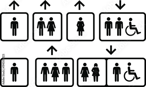 Elevator Sign Icons Showing People And Accessibility Symbols With Arrows vector illustration