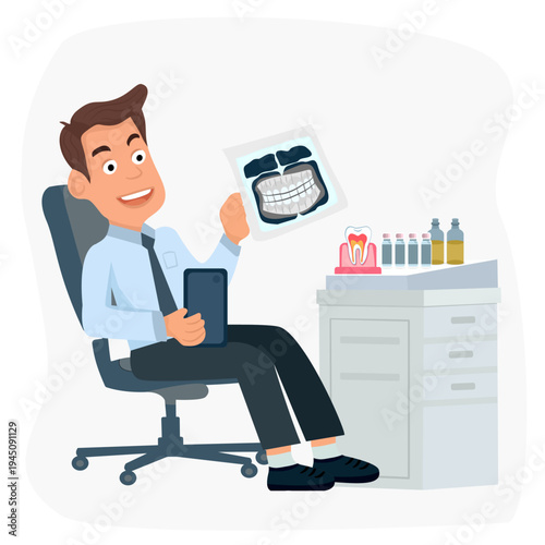 Dentist sitting in a dental clinic and reviewing a digital dental X-ray on a tablet. Concept of modern dental technology, diagnosis, oral health care, and professional dentistry services.