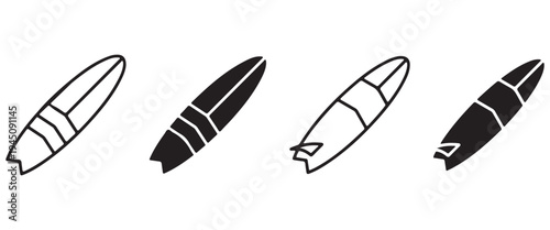 Surfboard Icon Set – Line, Silhouette and Flat Vector Icons for Surfing, Beach and Water Sports Design