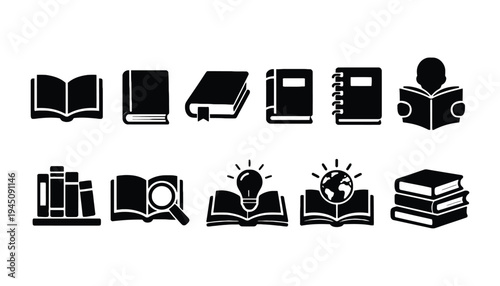Book icon set including open and closed books with symbols