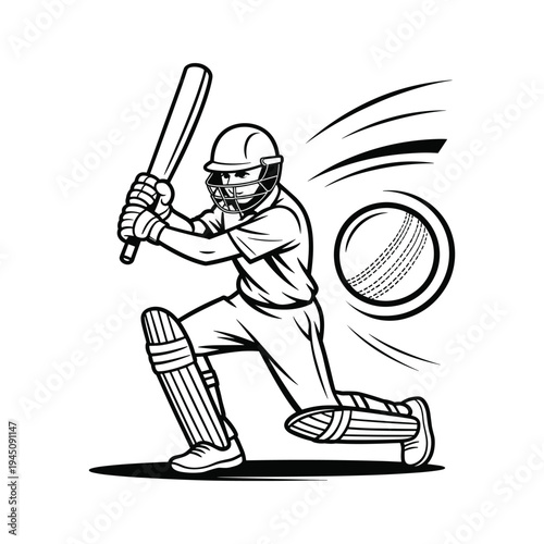 A cricket player in protective gear swings a bat at a cricket ball during a game
