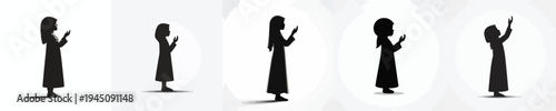 vector silhouette of a little Muslim girl standing in a prayer gesture with raised hands side view