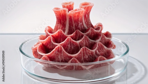Raw meat slices in a glass petri dish on white background