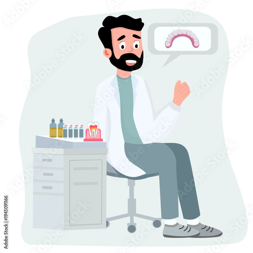 Male dentist sitting in a dental office and presenting a dental X-ray image. Concept of diagnosis, dental consultation, oral health care, and professional medical service in a modern dental clinic 