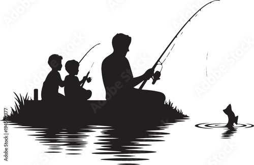 Silhouette of man and two boys fishing on riverbank