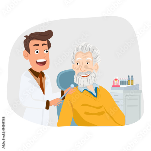 Dentist talking with a senior male patient in a dental clinic during consultation. Concept of dental care, oral health for elderly patients, medical communication, and professional dentistry services.