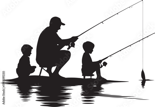 Silhouette of man and two children fishing by water