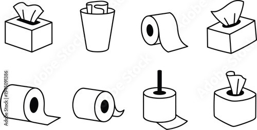Outline icons of tissue boxes and toilet paper rolls in various orientations vector illustration