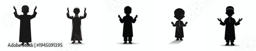 vector silhouette of a little Muslim boy standing in a prayer gesture with raised hands front view