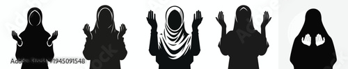half body vector silhouette of a Muslim woman a prayer gesture with raised hand front view