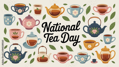National tea day celebration with colorful teapots and cups on beige background with leaves
