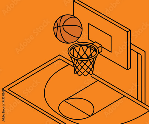 Vector concept of basketball showing a ball floating toward the hoop, capturing the moment just before it drops into the basket in a clean sports illustration.