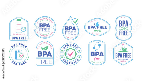 BPA free icons and labels for safe plastic products packaging
