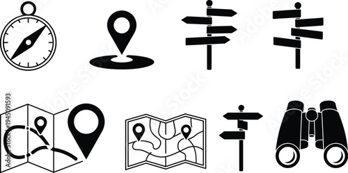 Navigation, compass, map, location, pin, signpost, direction, binoculars, travel, icon, set, vector, illustration, black, symbol, tourism, guide, exploration, design, collection