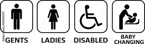 Restroom Icons for Gents Ladies Disabled and Baby Changing with Text toilet bathroom