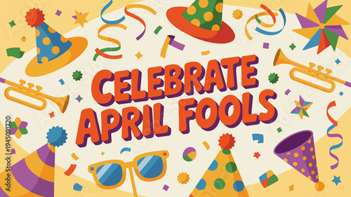 Colorful april fools' day celebration graphic with party hats and confetti