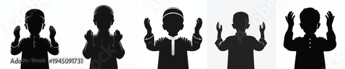 half body vector silhouette of a Muslim little boy a prayer gesture with raised hand front view