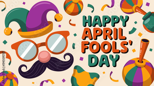 Colorful april fools' day illustration with jester hat glasses mustache and confetti