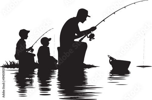 Silhouette of three people fishing by water river