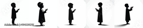vector silhouette of a little Muslim boy standing in a prayer gesture with raised hands side view