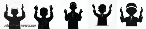half body vector silhouette of a Muslim little boy a prayer gesture with raised hand front view