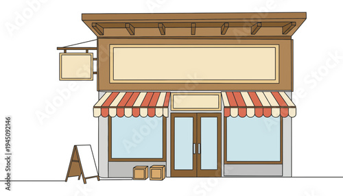 A storefront building illustration with a red and white striped awning