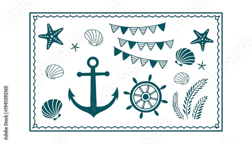 Anchor nautical icon set with starfish and seashells illustration