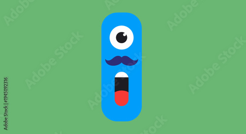 Fun Cartoonish Blue Monster with Open Mouth on Green Background