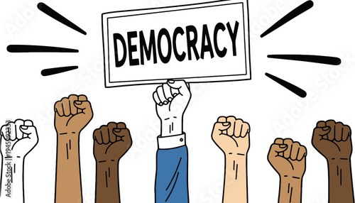 Democracy illustration with diverse hands holding a sign for freedom and equality