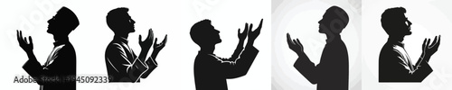 half body vector silhouette of a Muslim man a prayer gesture with raised hand sidet view
