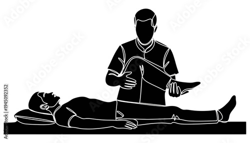 Physical therapist performing leg stretch on a patient lying down