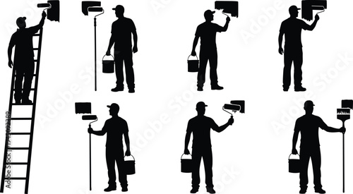 Painter, worker, painting, roller, ladder, bucket, silhouette, set, house, renovation, construction, maintenance, wall, paint, vector, illustration, black, collection, job, icon