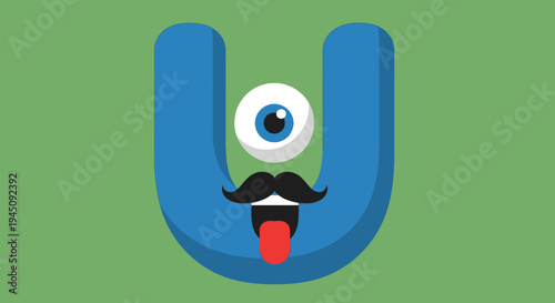 Fun Blue Letter U Character with Eye and Mustache