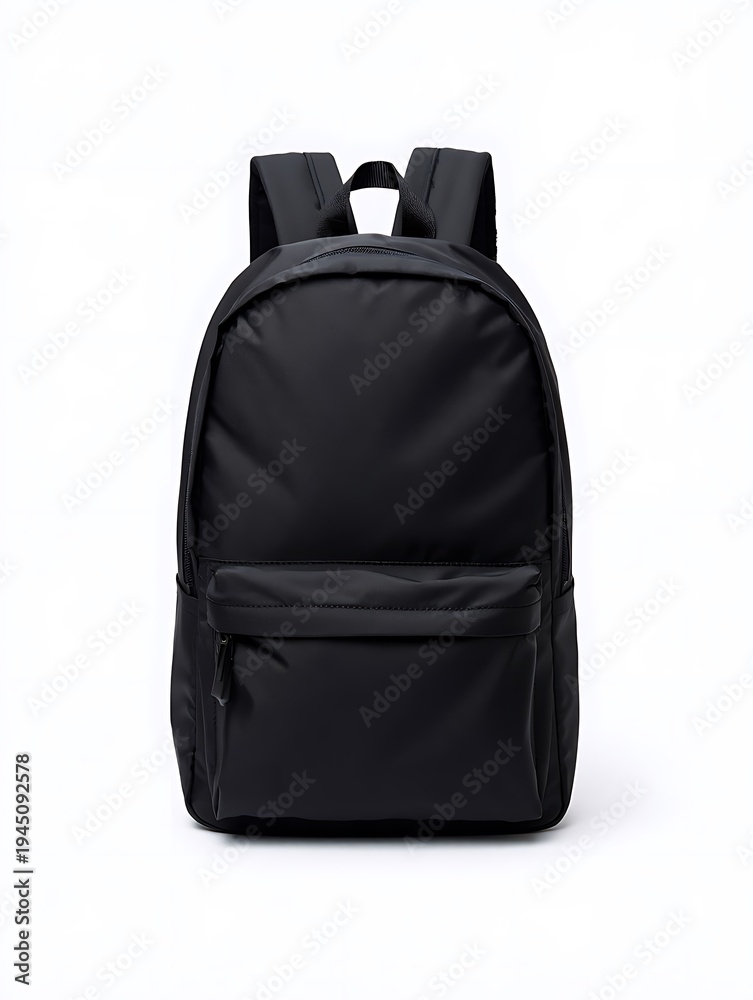 Naklejka premium Black minimalist backpack isolated on white background. Modern school or travel bag mockup with clean design, ideal for branding, retail presentation, lifestyle, student, and fashion accessory concept