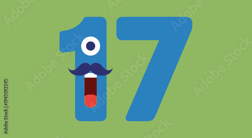 Fun Blue Number Seventeen with Eyes Mustache and Tongue