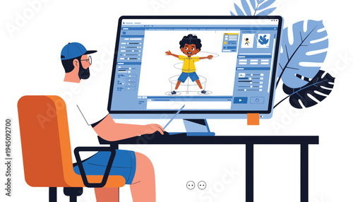 A cartoon graphic designer creating an illustration on a computer