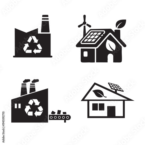 Eco-friendly buildings and industrial recycling icons