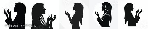 half body vector silhouette of a Muslim woman a prayer gesture with raised hand side view
