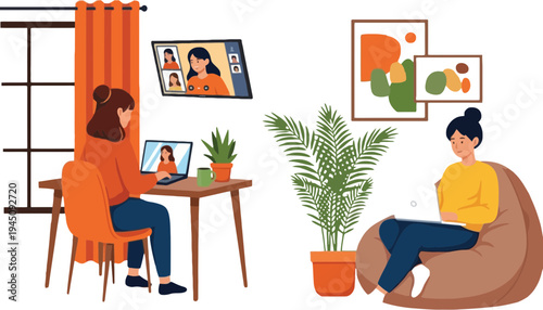 Laptop vector illustration of two women working remotely from home