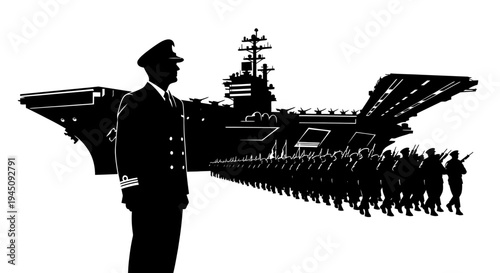 Naval Officer Inspects Military Parade Before Aircraft Carrier